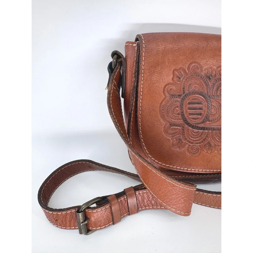 Patricia Nash Tooled Leather Crossbody Bag Purse Flap Front Western Saddle Brown